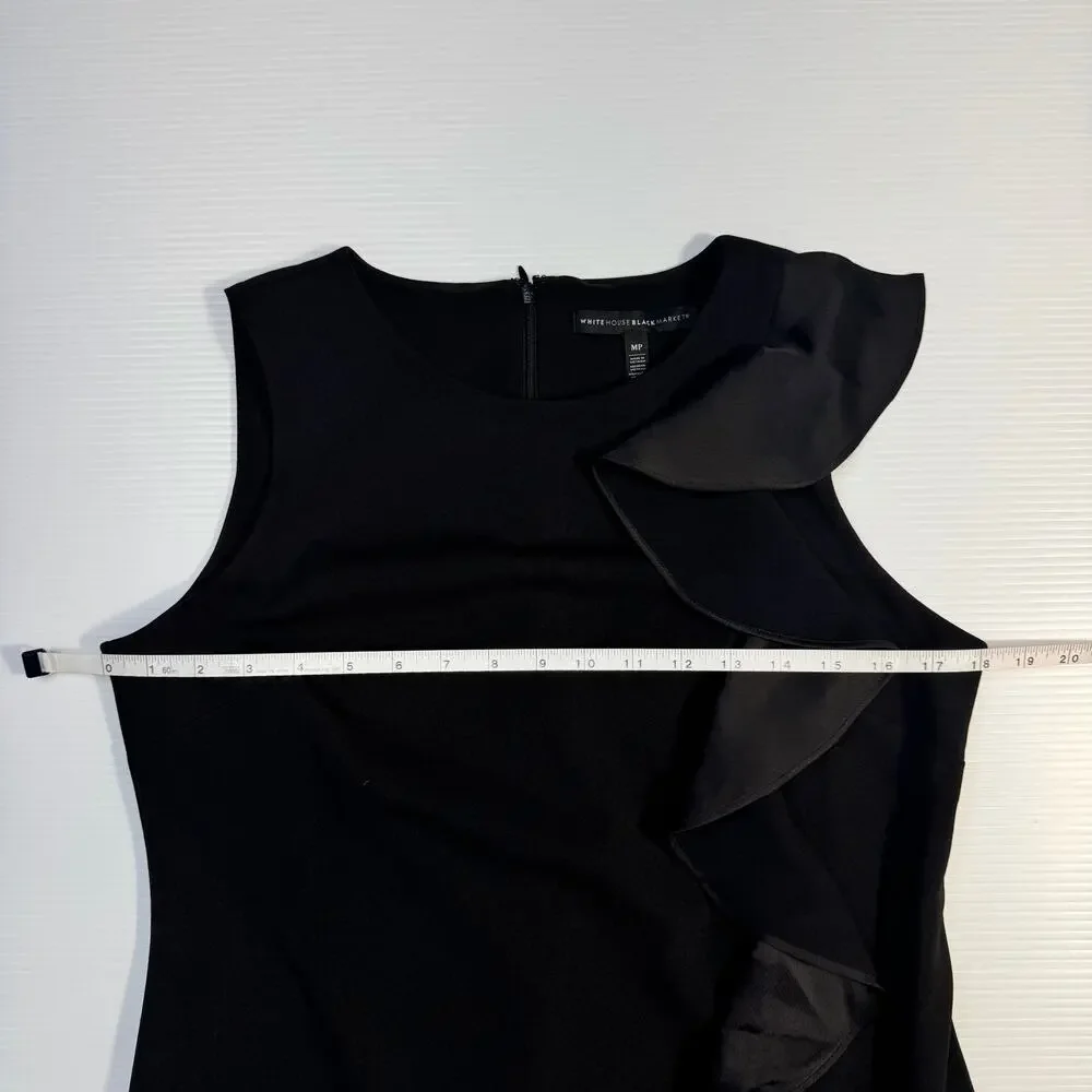 White House Black Market Black Ruffle Sheath Dress Medium Petite MP Cocktail LBD - Picture 7 of 16